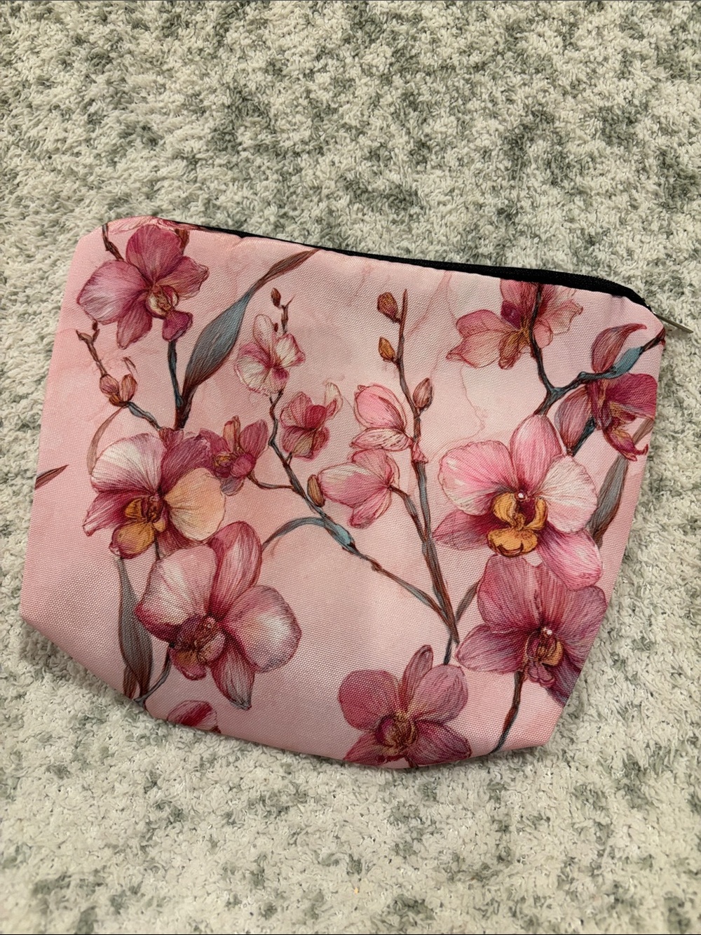Pink Orchids Floral Fabric Cosmetic Bag Pouch NWT 10x8”